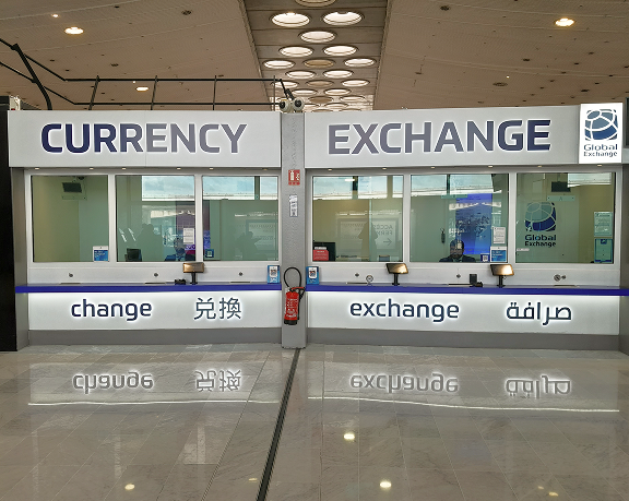 Foreign currency exchange office of Global Exchange located at Charles de Gaulle International Airport, in France