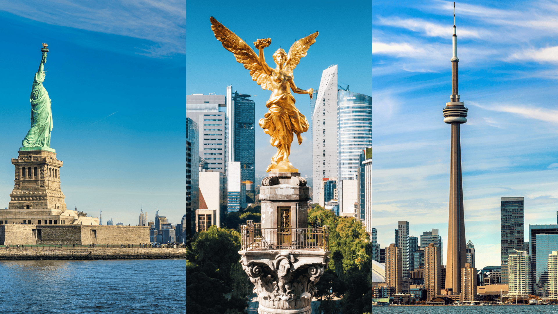 Países sedes del Mundial 2026: la Estatua de la Libertad en Estados Unidos, el Ángel de la Independencia en México y la Torre CN en Canadá.
