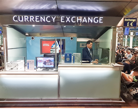 Foreign currency exchange office of Global Exchange located at the Eurostar train station in London (United Kingdom)
