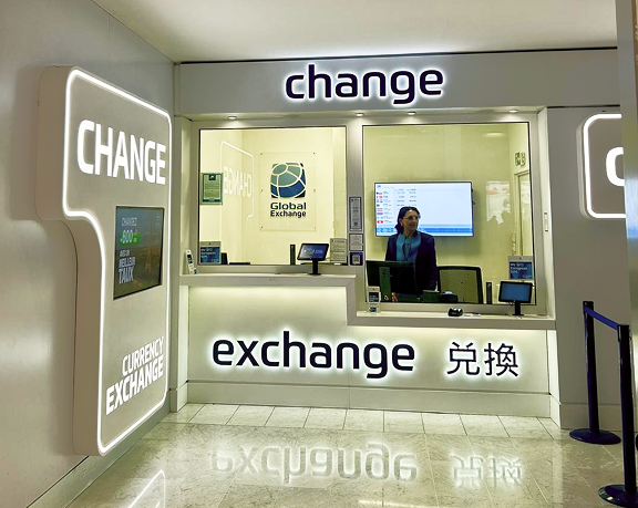 Foreign currency exchange office of Global Exchange located at Charles de Gaulle International Airport, in France