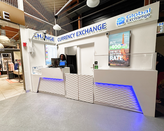 Foreign currency exchange office of Global Exchange located at Marseille-Provence Airport, in France.