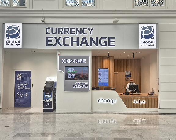 Foreign currency exchange office of Global Exchange located at Orly International Airport in France.