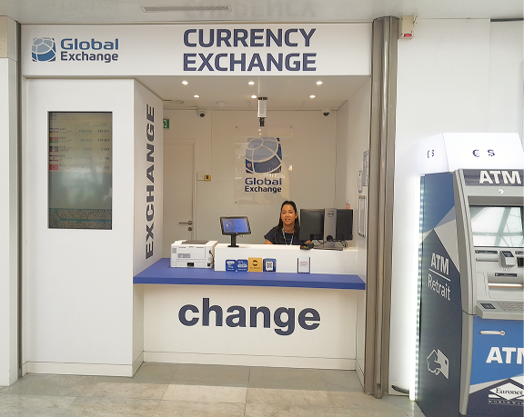 Foreign currency exchange office of Global Exchange located at Charles de Gaulle International Airport, in France.