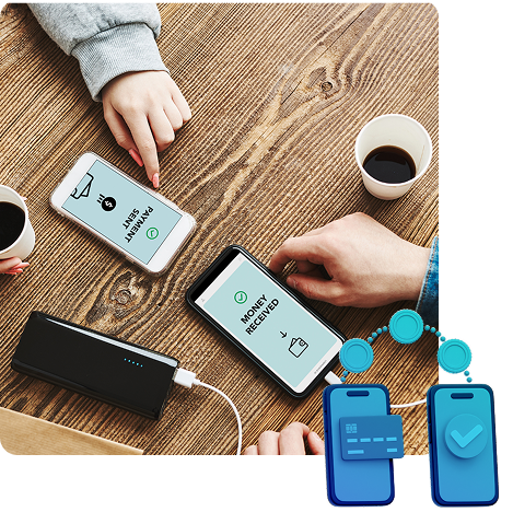 Varios teléfonos sincronizados para hacer una transferencia de dinero Varios teléfonos sincronizados para hacer una transferencia de dinero