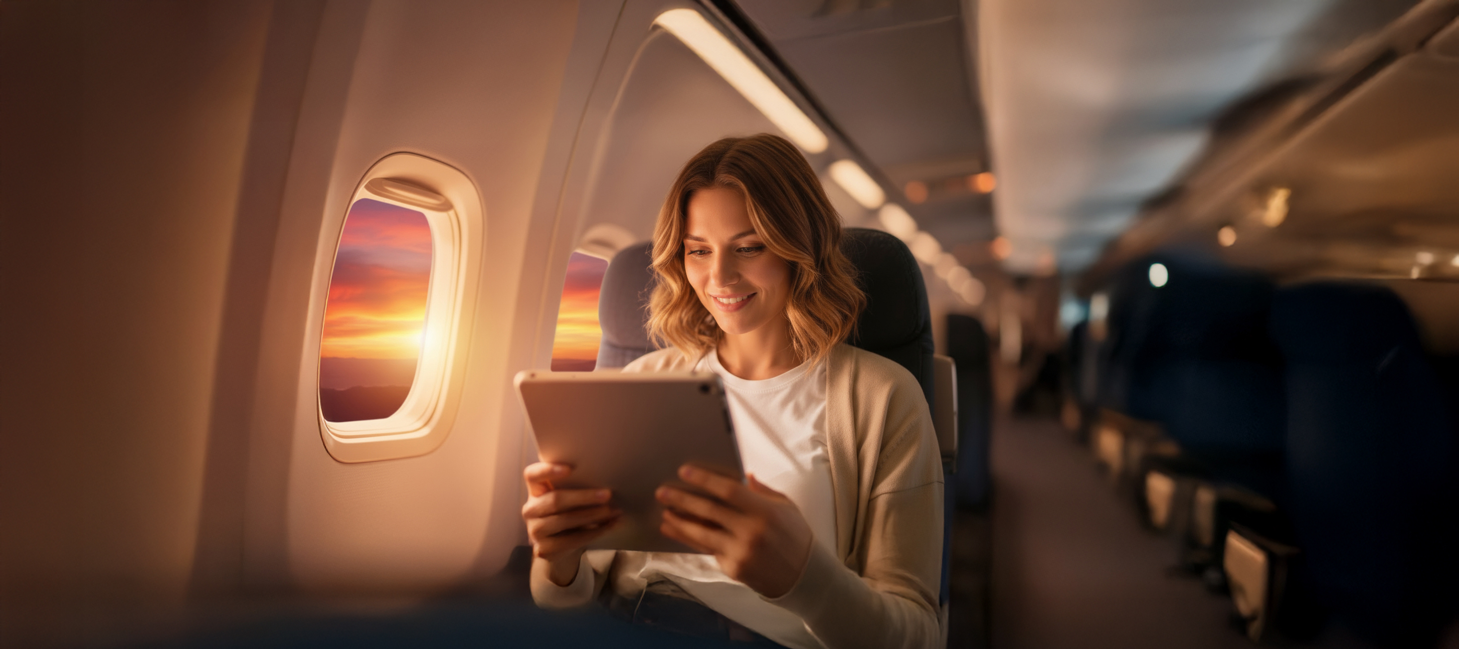 Chica leyendo en el avión