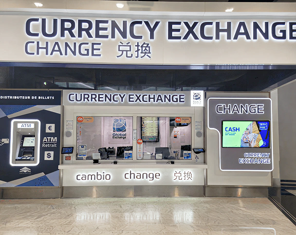 Foreign currency exchange office of Global Exchange located at Charles de Gaulle Airport, in Roissy (France)