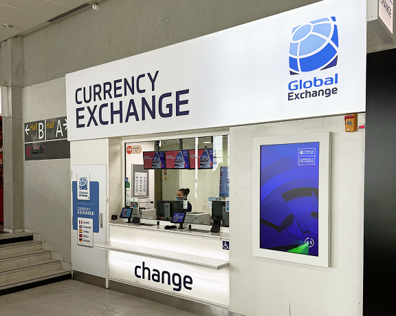Foreign currency exchange office of Global Exchange located at Marseille-Provence Airport, in France.