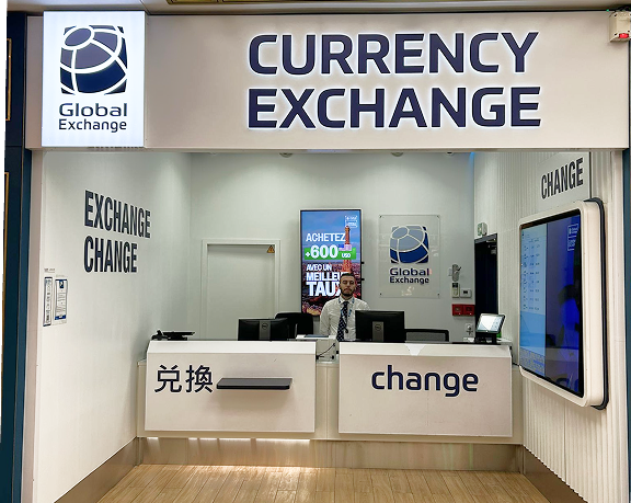 Foreign currency exchange office of Global Exchange located at Charles de Gaulle International Airport, in France